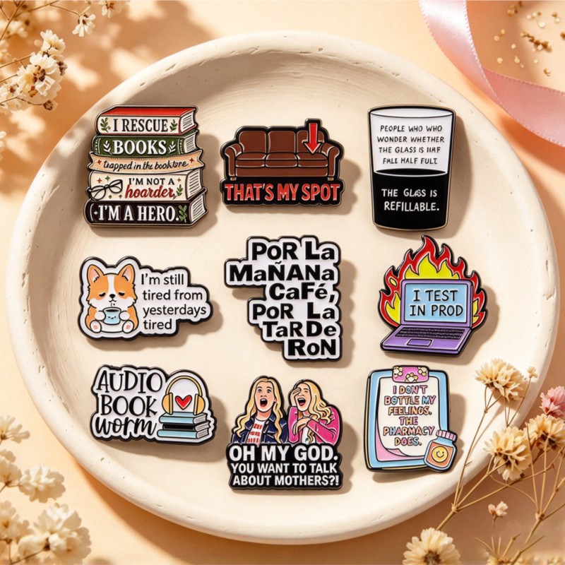 Tablet Cute Accessories - เข็มกลัดเคลือบอีนาเมลลายคำคมตลกน่ารัก พร้อมลายหนังสือ สุนัข กาแฟ แล็ปท็อป สำหรับติดกระเป๋าเป้