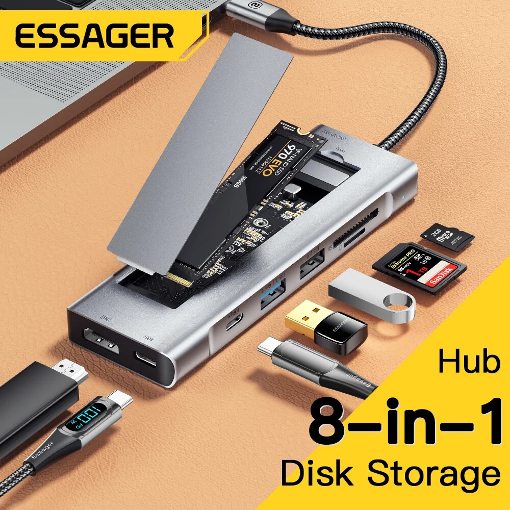 Usb Hub Type C - Essager ฮับ USB แบบ8-in-1พร้อมฟังก์ชั่นจัดเก็บดิสก์ USB Type-C